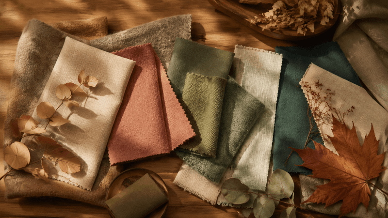 Soft Autumn color palette mood board with characteristic warm-neutral, medium, muted colors suitable for clothing, makeup, and accessories
