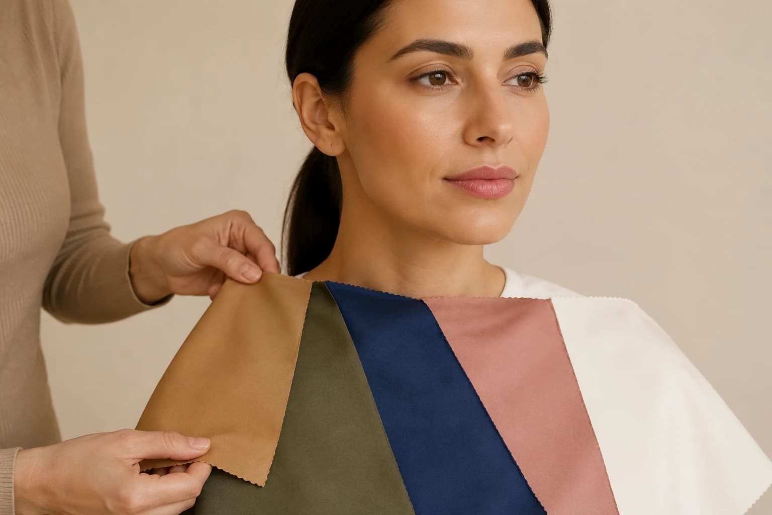 Professional color analysis draping demonstration — fabric swatches held near a woman's face to identify her seasonal undertone