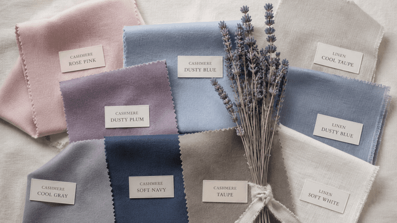 Cool Summer color palette mood board with characteristic cool, medium, soft colors suitable for clothing, makeup, and accessories