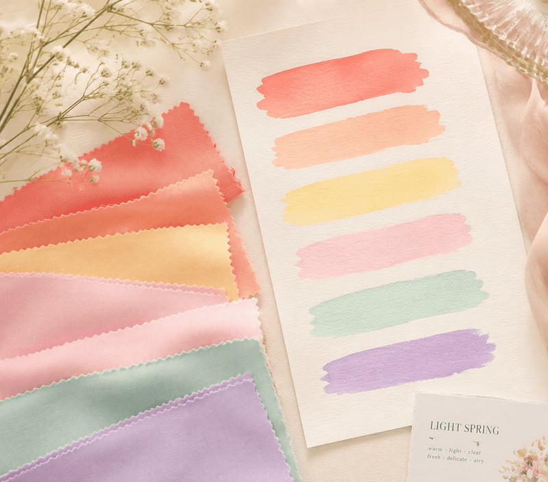 Light Spring color palette mood board with characteristic warm, light, clear colors suitable for clothing, makeup, and accessories