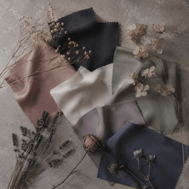 Soft Summer color palette mood board with characteristic cool-neutral, medium, muted colors suitable for clothing, makeup, and accessories