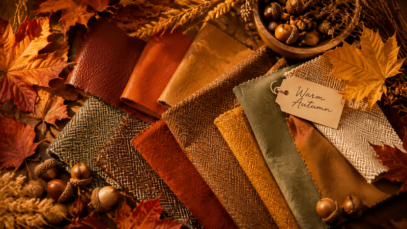 Warm Autumn color palette mood board with characteristic warm, medium, rich colors suitable for clothing, makeup, and accessories